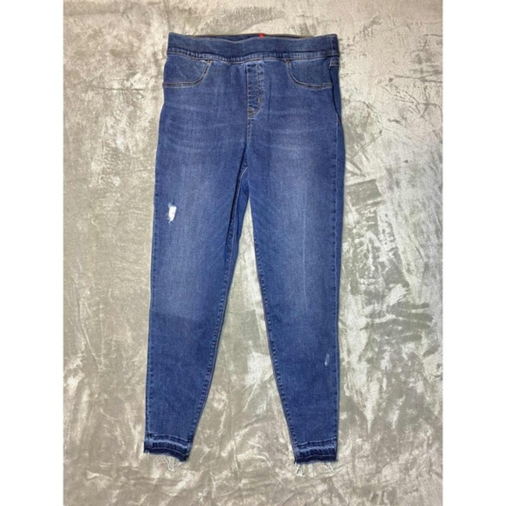 Spanx Women's Pull On Denim Jeggings Distressed‎ Hem Stretch Blue Large L